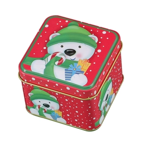 Square Christmas tin candy box with red polka dots and polar bear illustration