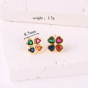 Minimalist 18K gold four-leaf clover stud earrings with multi-colored zircon stones