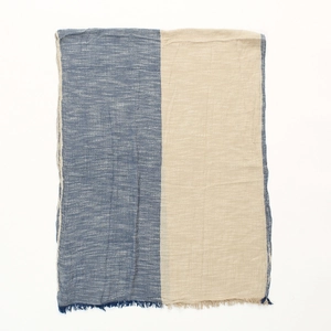 Blue-grey and beige color-block scarf with fringe and crinkle texture on white background