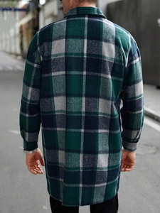 Rear view of long-length plaid wool coat for men in green, blue and white pattern