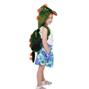 Cute green plush dinosaur backpack with orange spikes and matching hood for kids