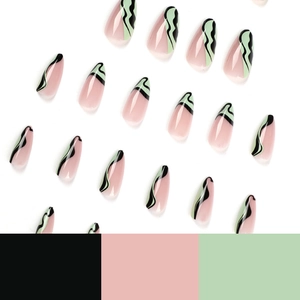 Faux ongles amande avec motifs vagues noir et vert menthe sur base nude