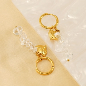 Gold stainless steel fox face drop earrings with natural white crystal stone beads
