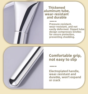 Detail of thickened aluminum tube and electroplated silver handle of the foundation brush