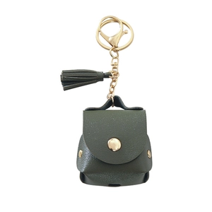 Dark green lychee pattern PU leather AirPods case with gold lobster clasp and tassel
