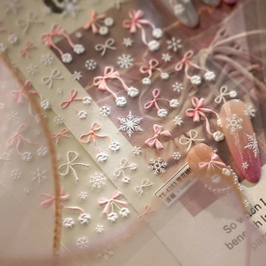 3D embossed nail stickers featuring pink-white bows and snowflakes TS-4263 on manicure