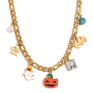 Gold-plated Cuban chain necklace featuring cute Halloween ghost and pumpkin charms