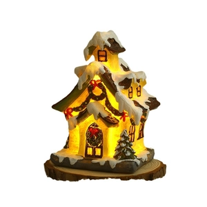 LED lighted Christmas resin snow house ornament on wood slice base for festive home decoration