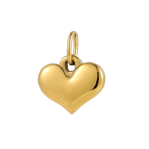 Detailed close-up of a polished gold heart pendant with a metallic finish on white background
