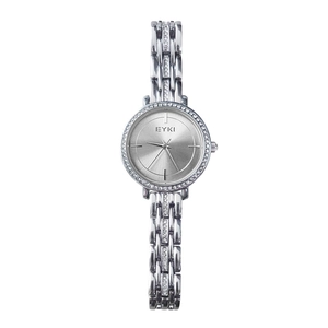 Elegant silver steel women's quartz watch with rhinestone bezel and round dial