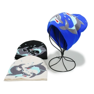 Bonnets d'hiver en tricot avec motif jacquard dauphin en bleu, noir et blanc cassé
