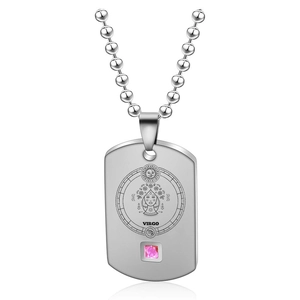 Detailed macro view of silver Virgo zodiac pendant featuring a square pink gemstone inlay