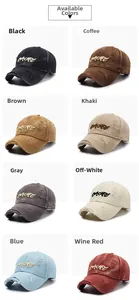 Detail view of eight vintage washed baseball caps with distressed holes and 3D embroidery