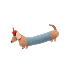Handmade brown knit dachshund hair clip with blue denim fabric and red pom-pom accent