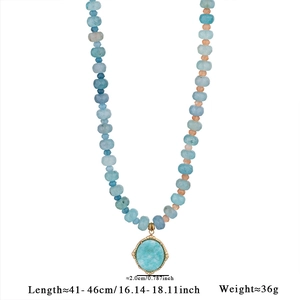 Blue beaded necklace with oval natural stone pendant and detailed size specifications