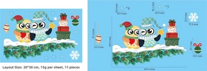 Detaillierte Größentabelle für Weihnachtsaufkleber mit Eule, Geschenken und Schneeflocken