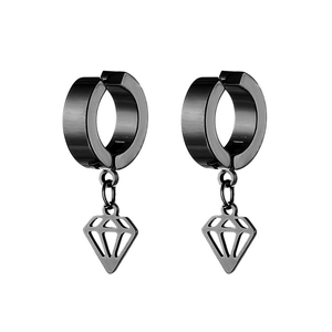 Pair of black stainless steel hoop earrings with diamond-shaped hollow pendant charms