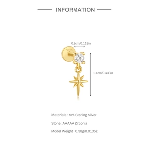 Detailed size specifications for the gold S925 silver lotus star earring with zirconia