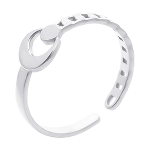 Detailed view of silver minimalist open ring with circular ornament on white background