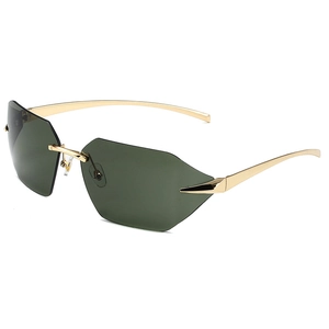 Frameless geometric sunglasses with gold metal frame and dark green lenses for men and women