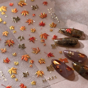5D Embossed Maple Leaf Nail Stickers With Chinese Calligraphy For Women Autumn Vintage Gold Stamping Nail Art Decoration