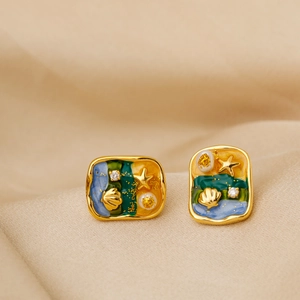 Ocean Starfish Shell Enamel Earrings Copper Zircon Artificial Pearl And 925 Sterling Silver Earring Post French Retro Vintage