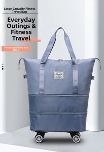 Close-up of blue travel bag wheels showing the durable 360-degree swivel design