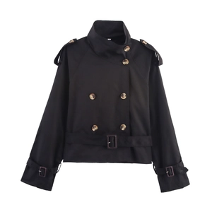 Women's short black double-breasted trench coat with waist belt and epaulettes