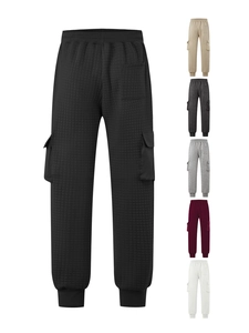 Detailed grid showing quilted jogger pants available in black, khaki, and four other colors