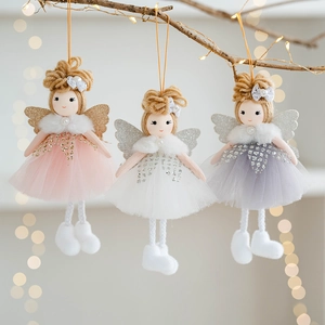 Christmas Angel Girl Plush Hanging Ornament Mesh Tulle Sequin Wings Faux Fur Collar Yarn Hair Decorative Doll For Home Tree