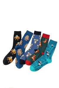 Detail view of five cotton crew socks with eagle, sloth, koala, kangaroo and panda motifs