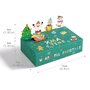 Green Christmas gift boxes with 3D pop-up characters and XMAS TIME print, 15x9x4cm