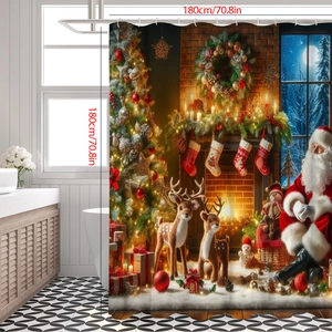 Christmas shower curtain with 180cm size detail showing Santa Claus and reindeer patterns