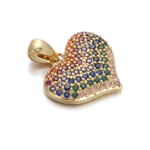 Detailed view of rainbow zircon heart pendant with gold plating for DIY jewelry making