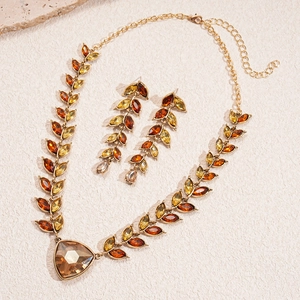 Vintage gold wheat ear necklace and earrings set with amber rhinestones and crystal charms