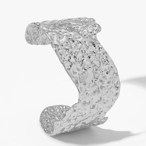 Modern silver wide irregular lava texture stainless steel open cuff bracelet for women