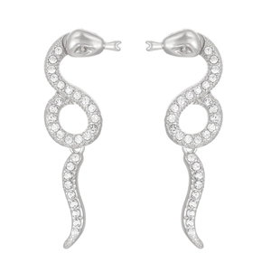 Detailed view of silver snake drop earrings with pave set white cubic zirconia crystals