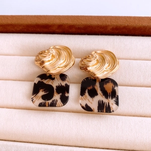 Detail view of square leopard print resin earrings with golden shell metal tops