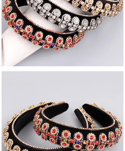 Close-up of velvet headband featuring intricate rhinestones and colorful crystal gems