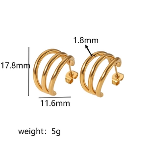 Modern 18k gold triple-layered C-shaped hoop earrings with precise dimensions