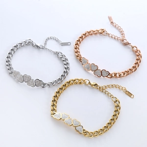 Three-color stainless steel link bracelets with micro-pave heart charms in gold and silver