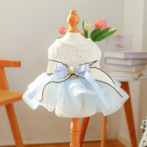 Blue and white petal gauze dog dress with embroidery and pearl bow accessory