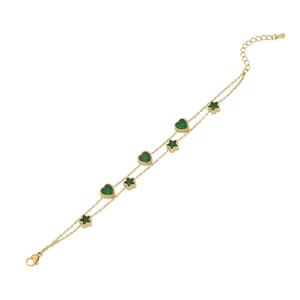 Gold double-layer stainless steel bracelet featuring green heart and star emerald charms