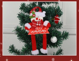 Detailed plush Christmas snowman ornament with FELIZ NAVIDAD sign and long red soft legs