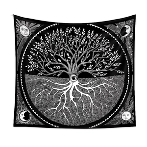 Detailed view of Tree of Life tapestry with all-seeing eye and moon sun motifs