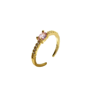 Adjustable gold plated ring with oval pink gemstone and white zircon accents