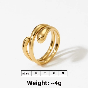 Detail of gold water drop ring showing size 6 to 9 with weight 4g on white background