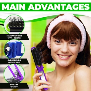 Detail view of purple folding hairbrush features massage teeth and built-in mirror