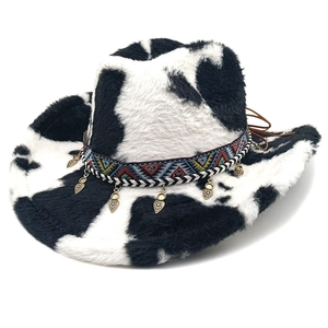 Cowboy Hat Cow Print Faux Fur Plush Western Wide Brim With Ethnic Band Metal Charms Retro Winter Outdoor For Women Men