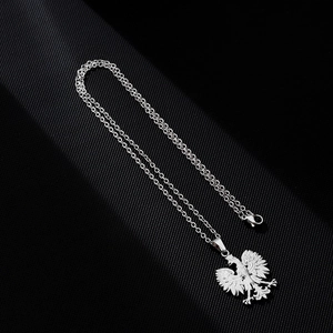 Detailed close-up of a silver eagle pendant with crown on a titanium steel sweater chain